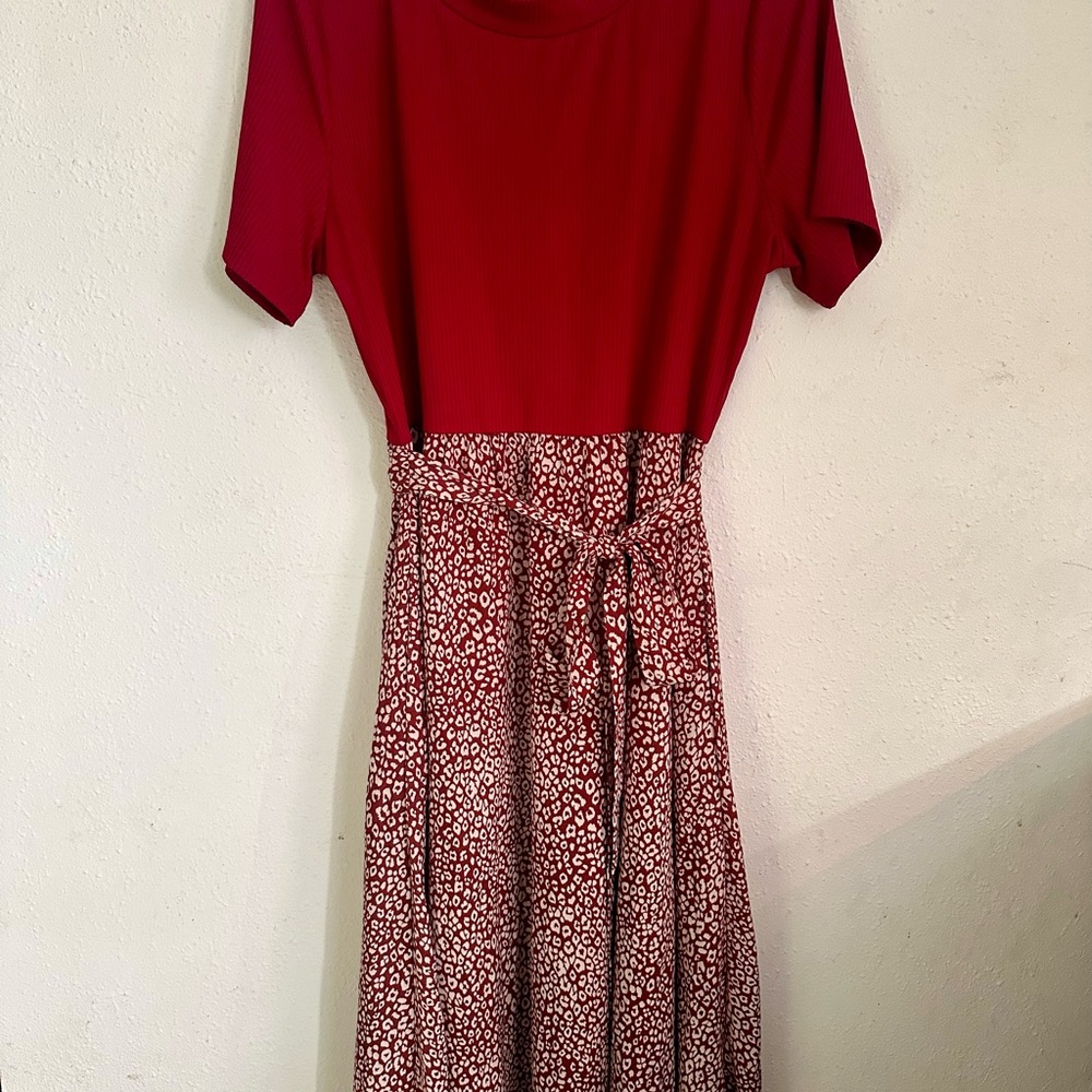 Chic Red Midi Dress with Animal Print Skirt